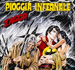 zagor sotto una pioggia battente tiene in braccio una giovane ragazza seminuda, accanto un vecchio indiano